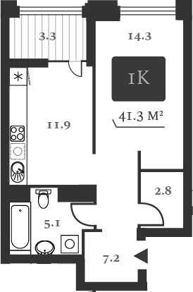 Планировка 1-к.кв 42.95 м² в ЖК «Нобель»