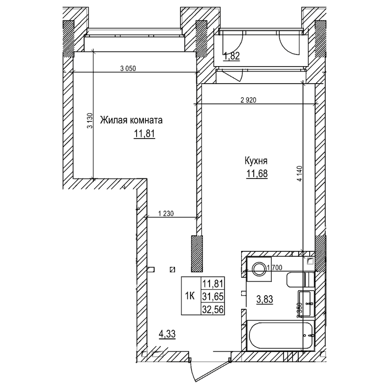Планировка 1-к. квартира 31.60 м² в ЖК «Комсомольский проспект»