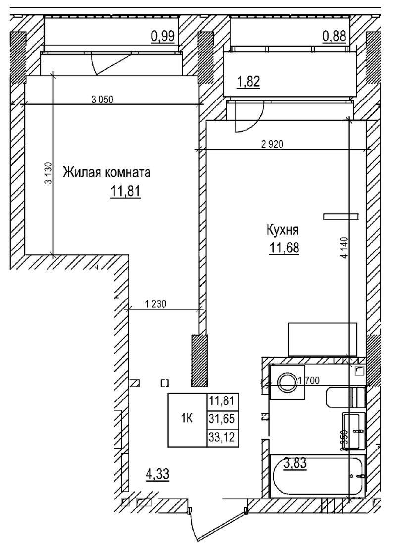 Планировка 1-к.кв 31.60 м² в ЖК «Комсомольский проспект»