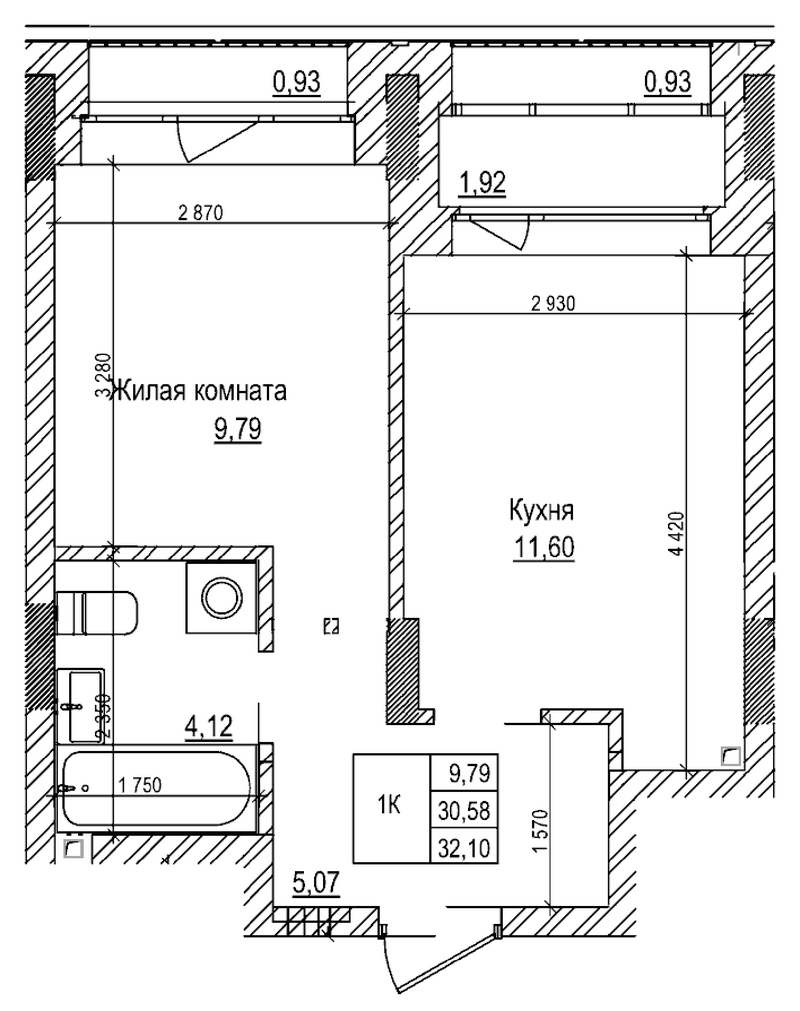 Планировка 1-к. квартира 30.50 м² в ЖК «Комсомольский проспект»