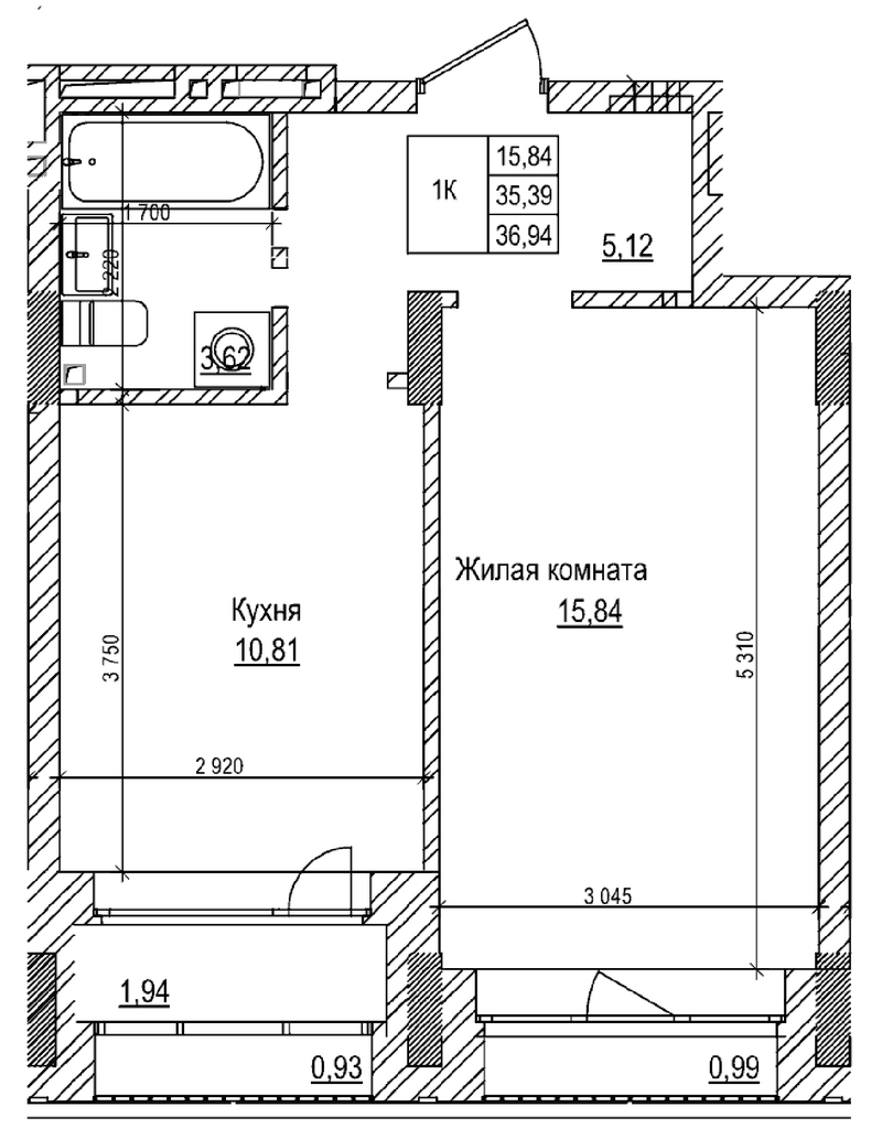 Планировка 1-к. квартира 35.30 м² в ЖК «Комсомольский проспект»