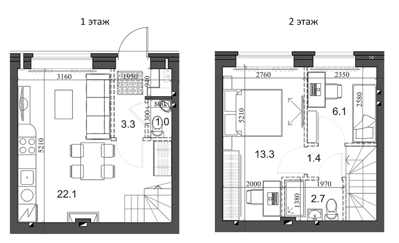 Планировка таунхаус 50.80 м² в ЖК «Коттеджный поселок Березки Новолуговое»