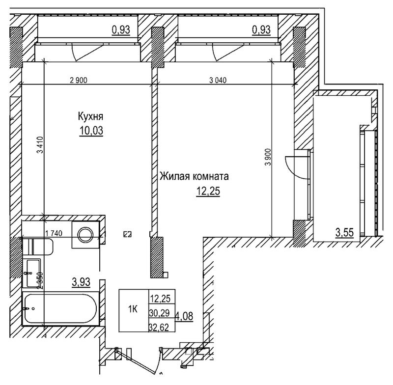 Планировка 1-к. квартира 30.20 м² в ЖК «Комсомольский проспект»