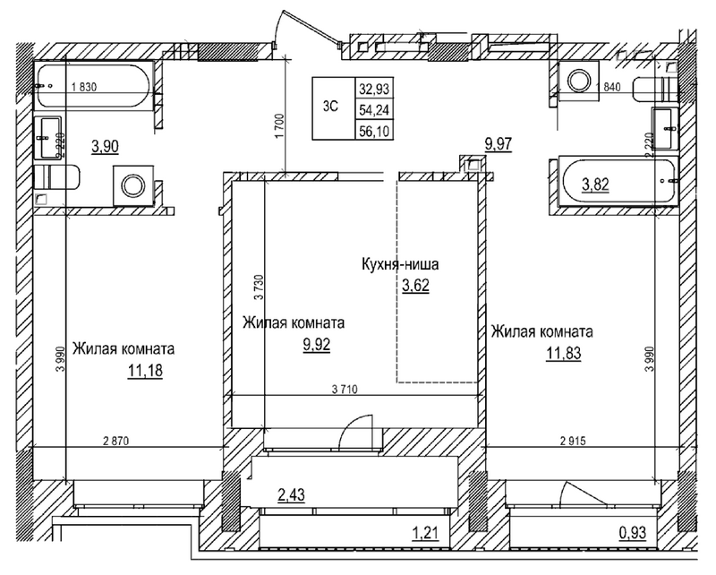 Планировка 3е-к. квартира 54.20 м² в ЖК «Комсомольский проспект»