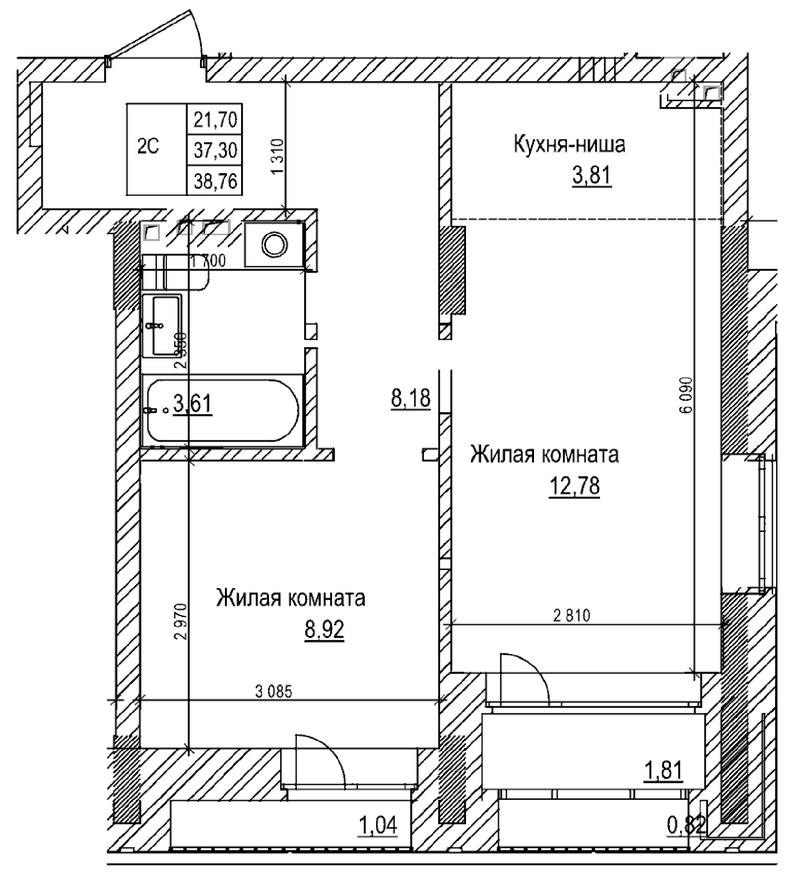 Планировка 2е-к.кв 37.30 м² в ЖК «Комсомольский проспект»