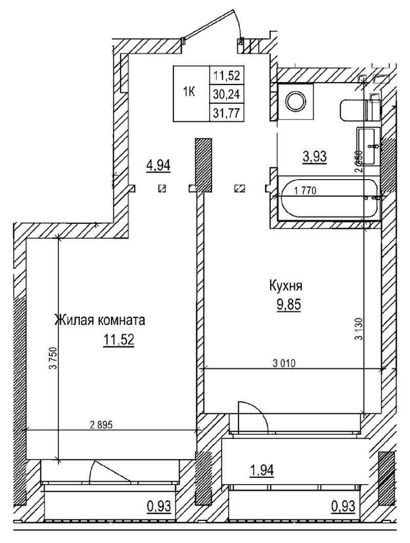 Планировка 1-к.кв 30.20 м² в ЖК «Комсомольский проспект»
