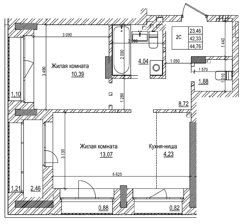 Планировка 2е-к. квартира 42.30 м² в ЖК «Комсомольский проспект»