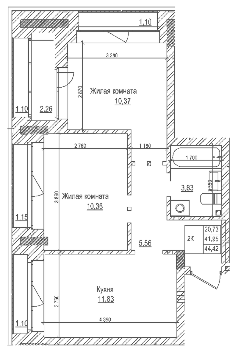 Планировка 2-к. квартира 41.90 м² в ЖК «Комсомольский проспект»
