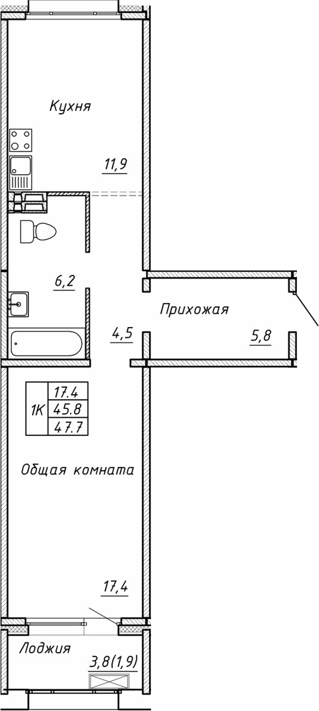 Планировка 1-к.кв 45.80 м² в ЖК «Гренландия»