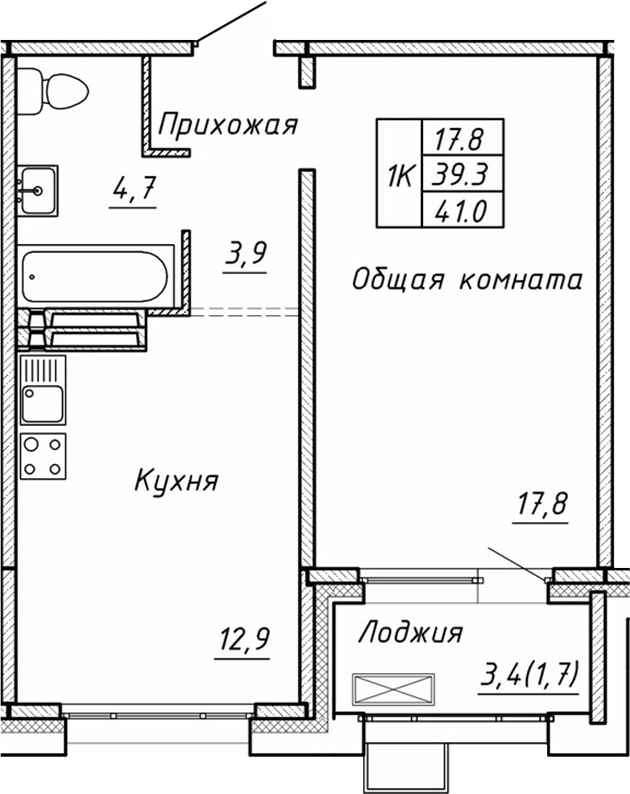 Планировка 1-к.кв 39.30 м² в ЖК «Гренландия»