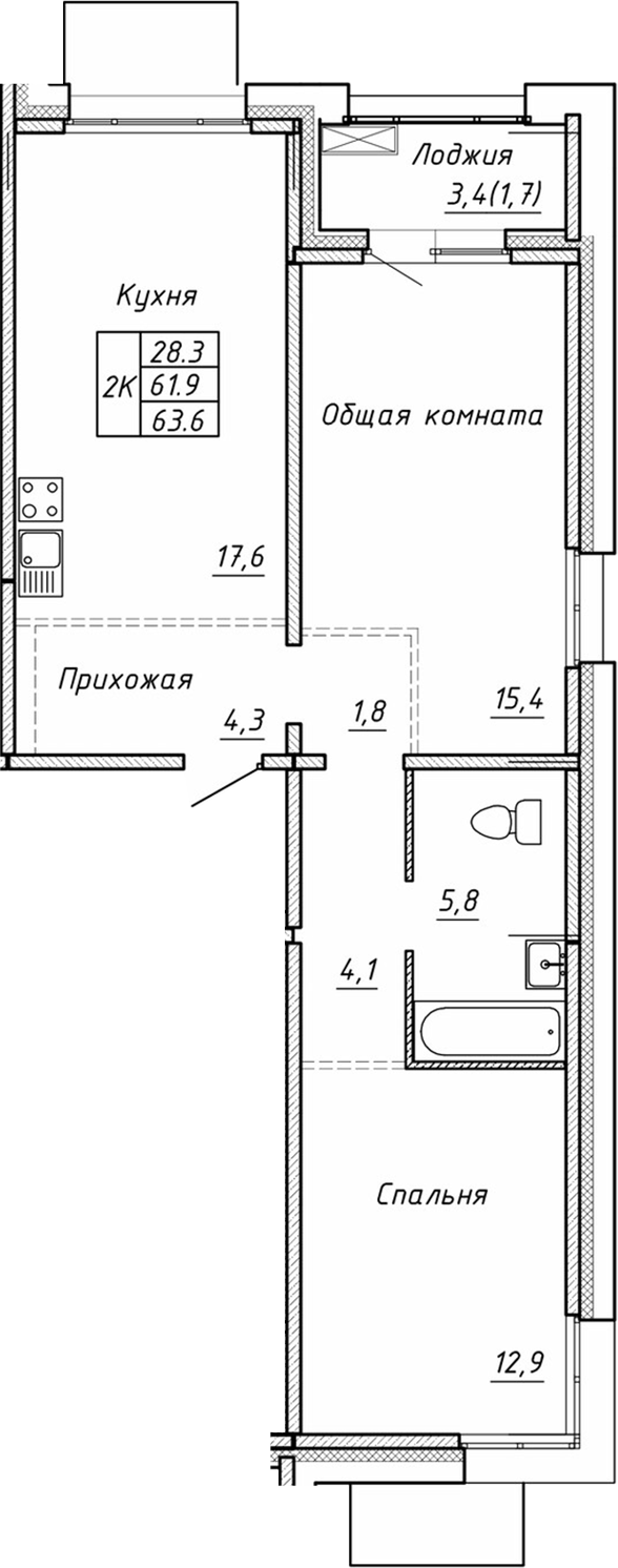 Планировка 2-к.кв 61.90 м² в ЖК «Гренландия»