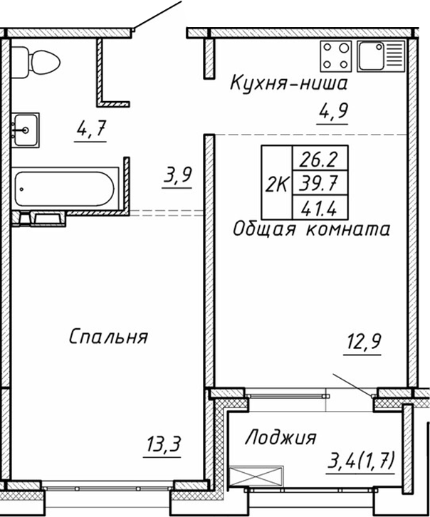 Планировка 1-к.кв 39.70 м² в ЖК «Гренландия»