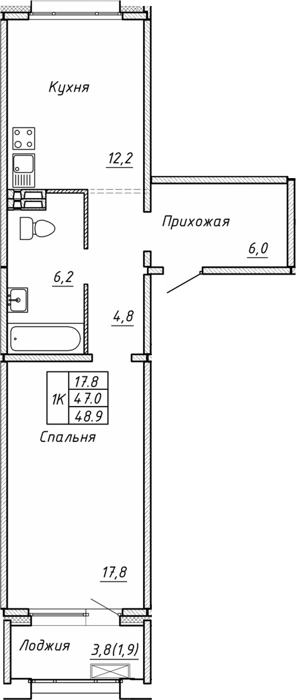 Планировка 1-к.кв 47.00 м² в ЖК «Гренландия»