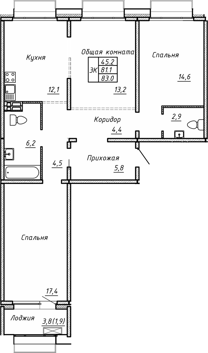 Планировка 3-к.кв 81.10 м² в ЖК «Гренландия»