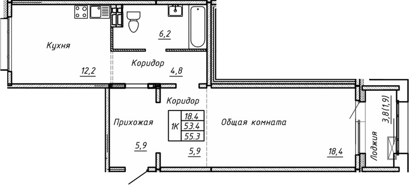 Планировка 1-к.кв 53.40 м² в ЖК «Гренландия»
