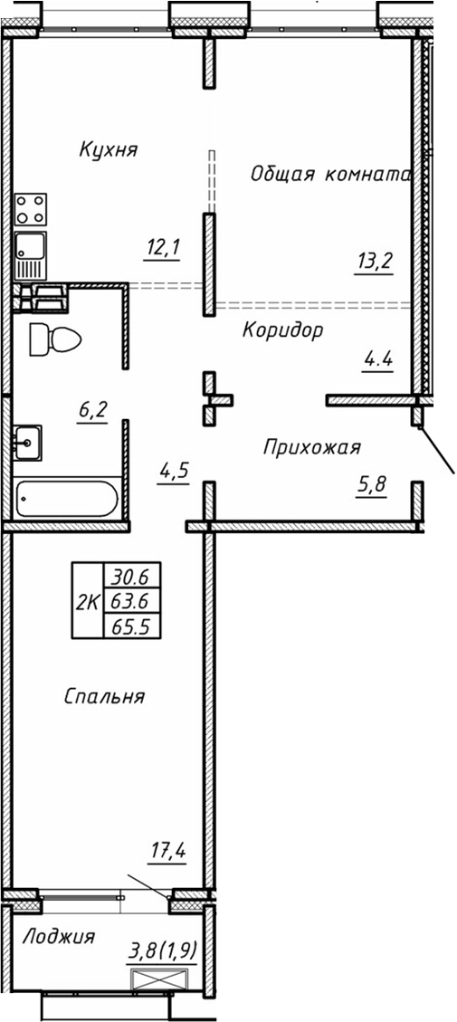 Планировка 2-к.кв 63.60 м² в ЖК «Гренландия»