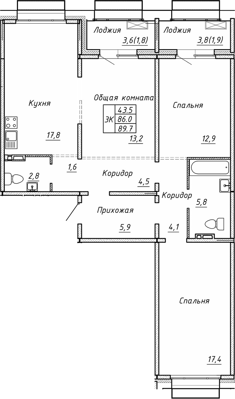 Планировка 3-к.кв 86.00 м² в ЖК «Гренландия»