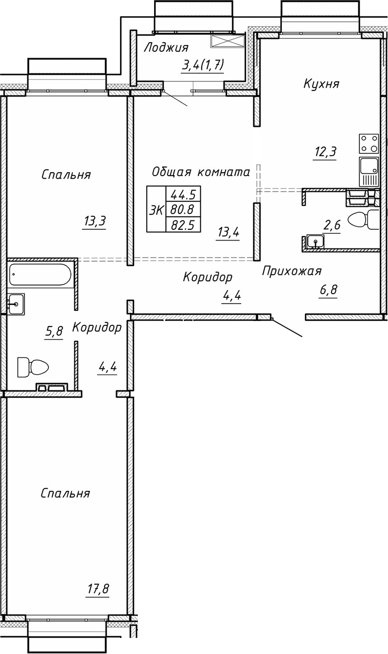 Планировка 3-к.кв 80.80 м² в ЖК «Гренландия»