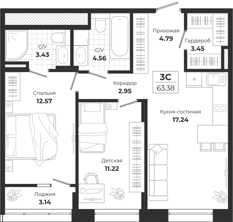 Планировка 3е-к.кв 60.24 м² в ЖК «Ясный Берег»