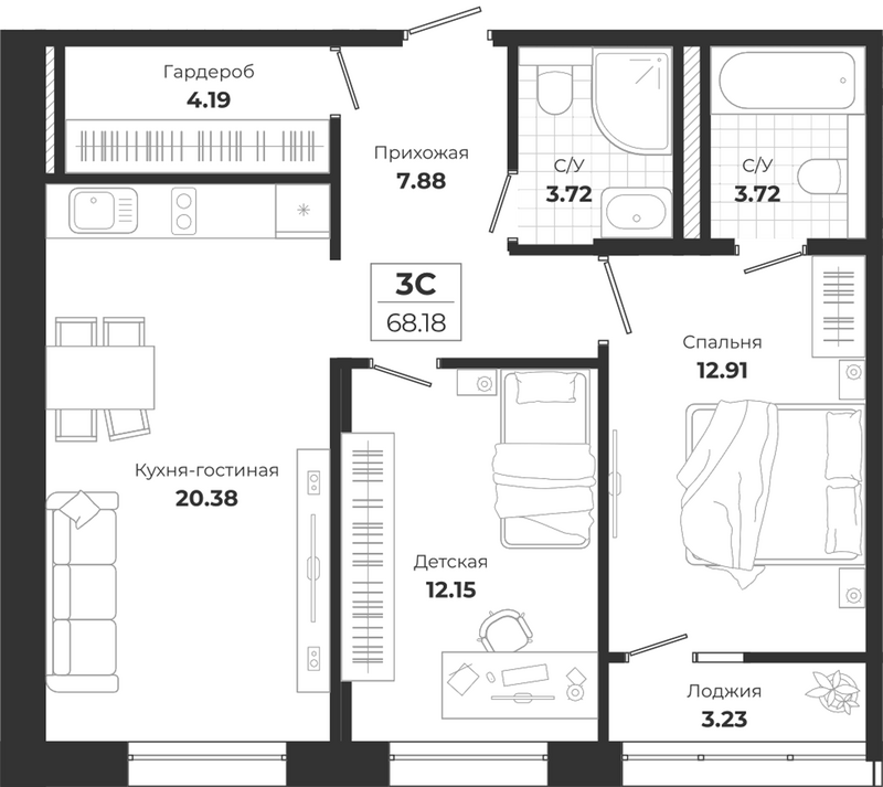Планировка 3е-к. квартира 64.95 м² в ЖК «Ясный Берег»