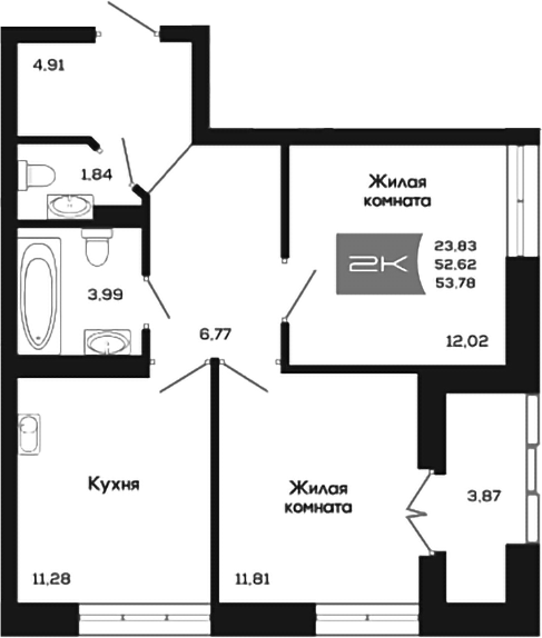 Планировка 2-к.кв 52.62 м² в ЖК «Салют»