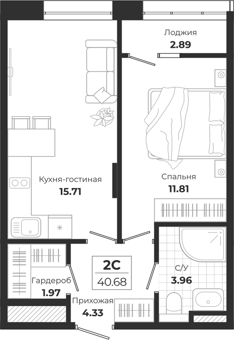 Планировка 2е-к.кв 37.78 м² в ЖК «Ясный Берег»