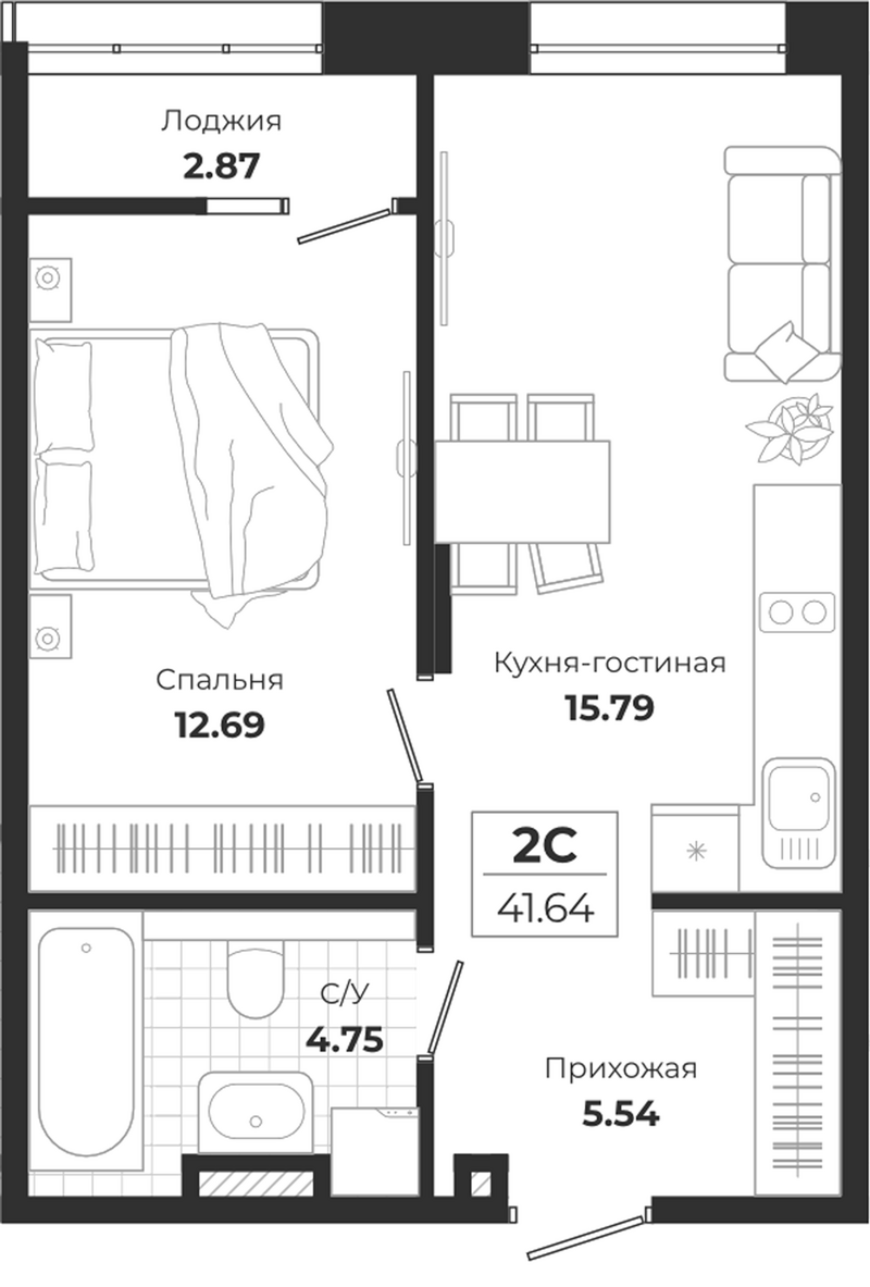 Планировка 2е-к.кв 38.77 м² в ЖК «Ясный Берег»