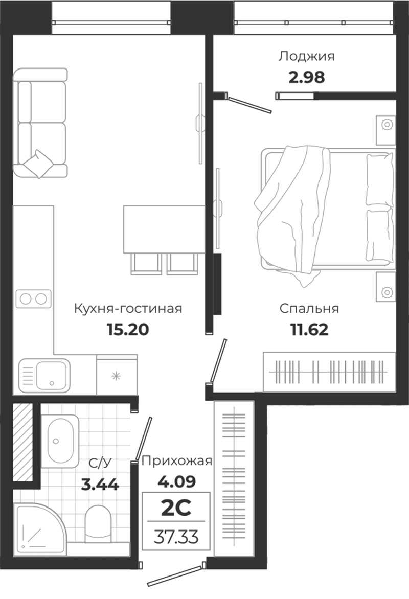 Планировка 2е-к.кв 34.35 м² в ЖК «Ясный Берег»