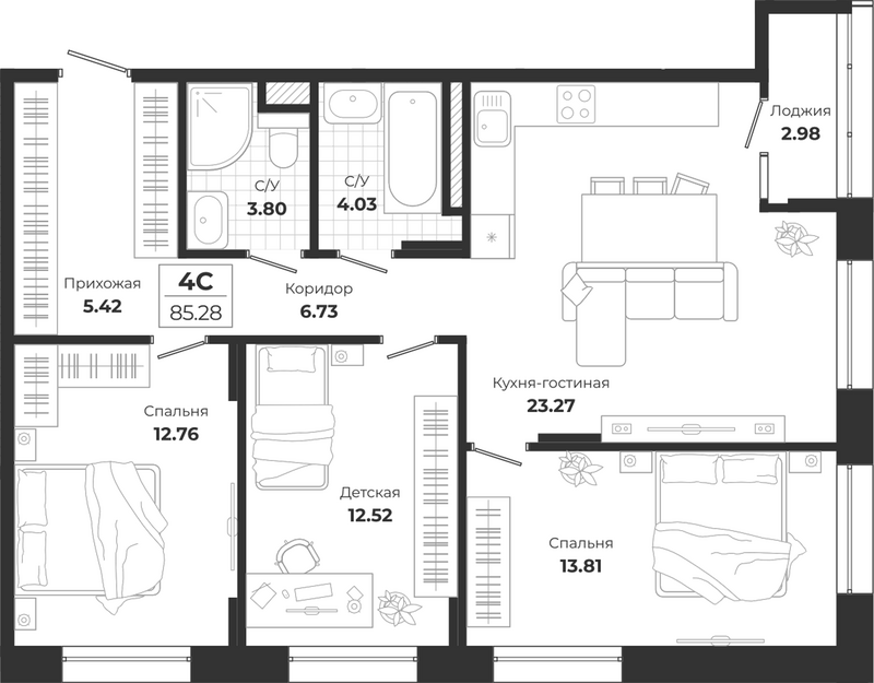Планировка 4е-к.кв 82.30 м² в ЖК «Ясный Берег»