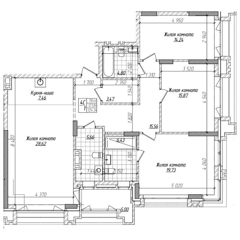 Планировка 4е-к.кв 121.80 м² в ЖК «Горького, 10»