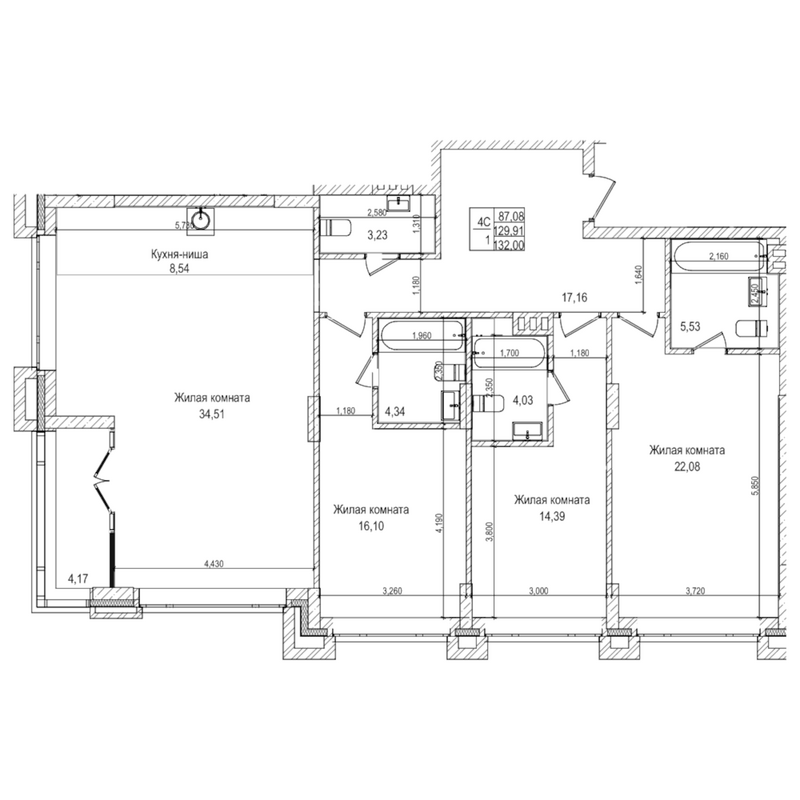 Планировка 4е-к.кв 129.90 м² в ЖК «Горького, 10»