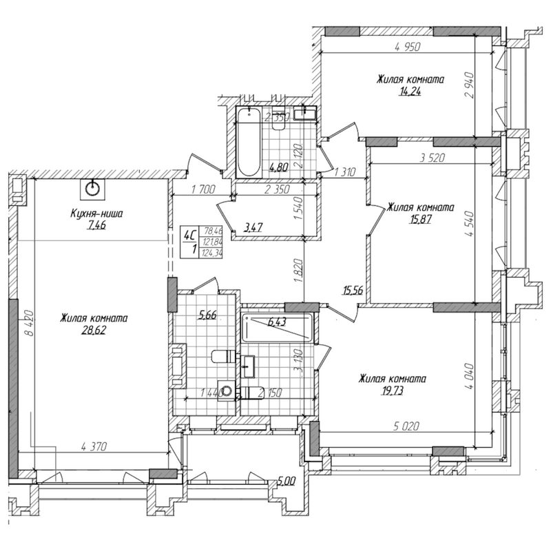 Планировка 4е-к.кв 121.20 м² в ЖК «Горького, 10»