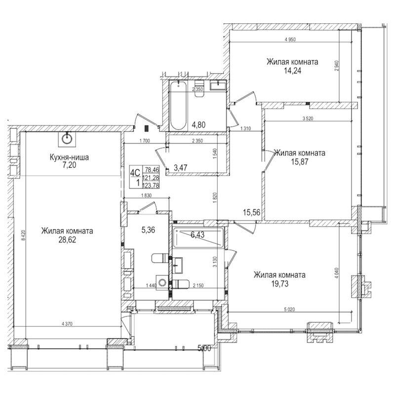 Планировка 4е-к.кв 121.20 м² в ЖК «Горького, 10»