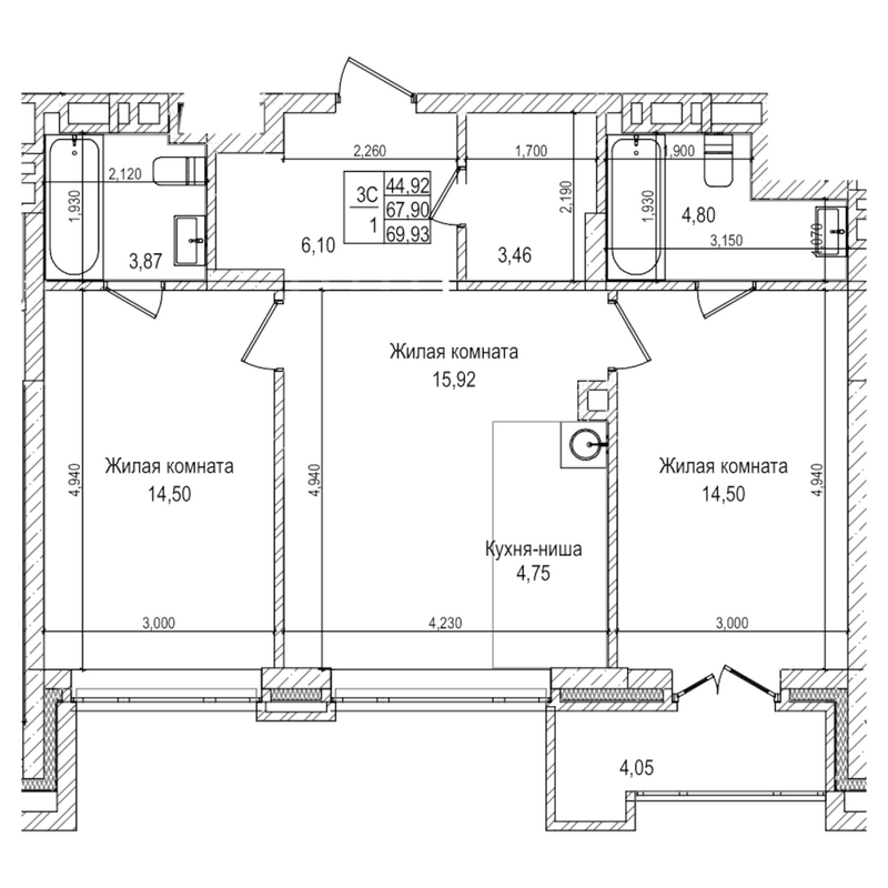 Планировка 3е-к.кв 67.90 м² в ЖК «Горького, 10»