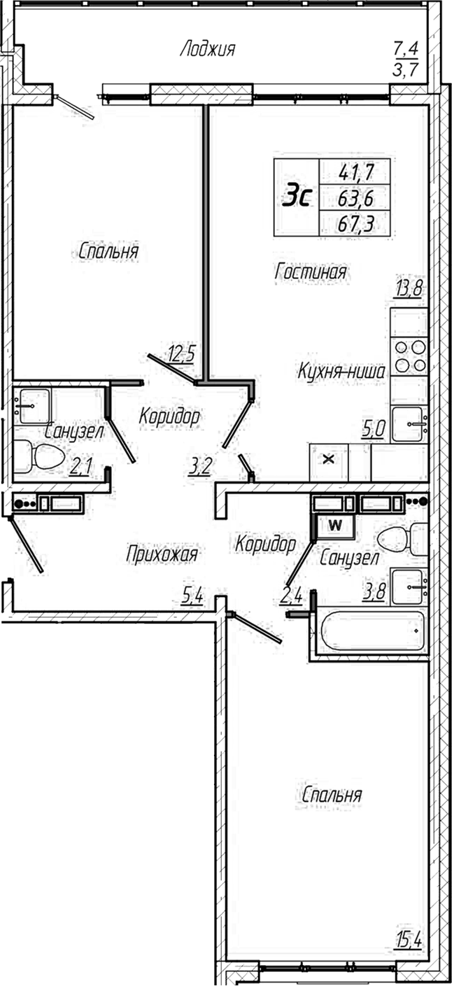 Планировка 3е-к.кв 63.60 м² в ЖК «Кемерово-Сити»
