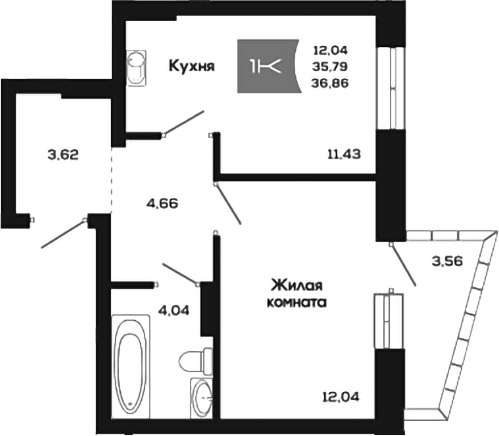 Планировка 1-к.кв 35.79 м² в ЖК «Салют»