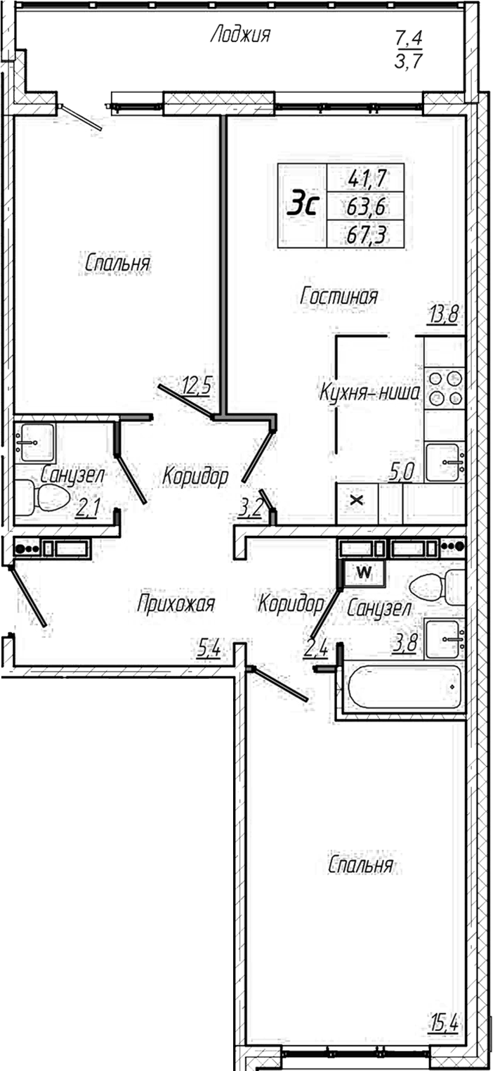 Планировка 3е-к.кв 63.70 м² в ЖК «Кемерово-Сити»