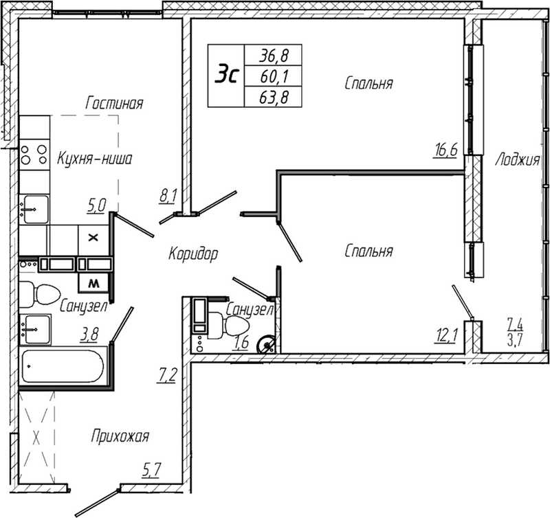Планировка 3е-к.кв 60.00 м² в ЖК «Кемерово-Сити»