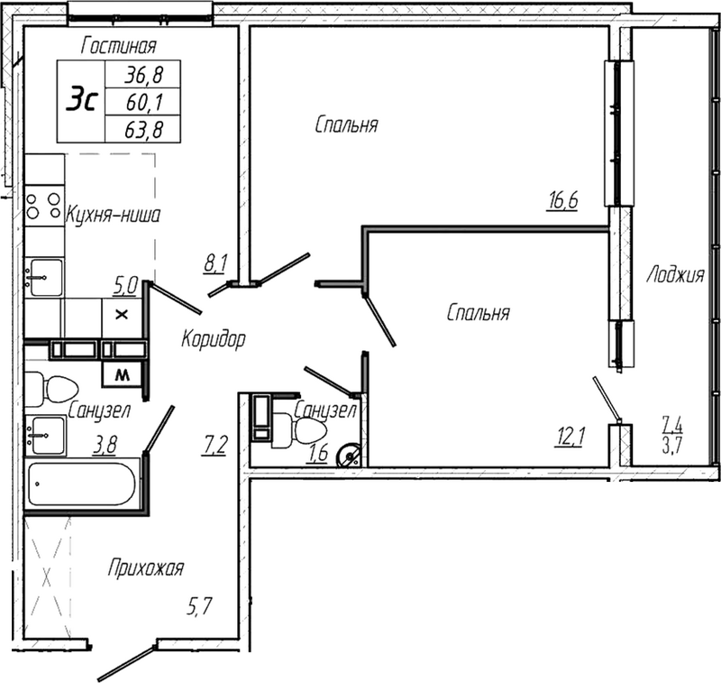 Планировка 3е-к.кв 60.00 м² в ЖК «Кемерово-Сити»