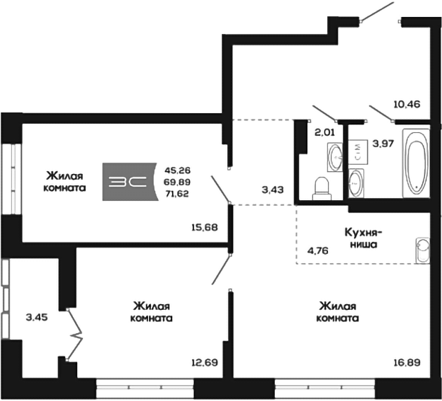 Планировка 3е-к.кв 69.89 м² в ЖК «Салют»