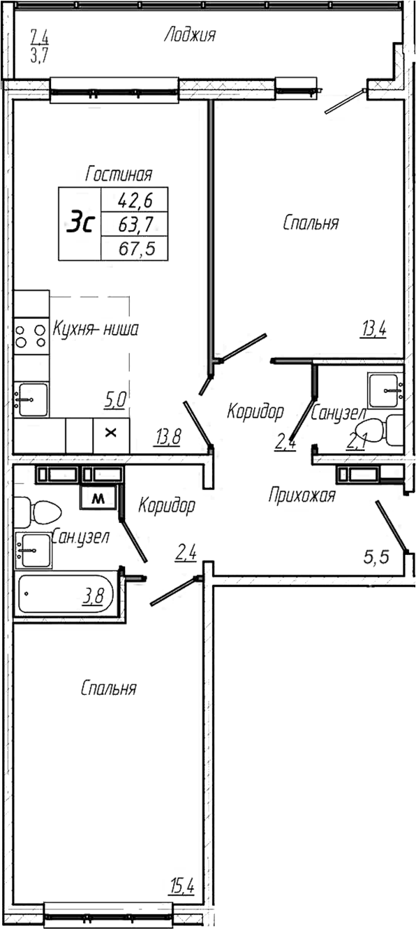 Планировка 3е-к. квартира 63.80 м² в ЖК «Кемерово-Сити»