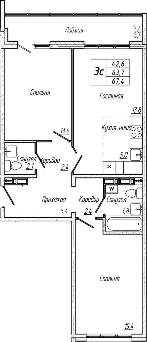 Планировка 3е-к. квартира 63.80 м² в ЖК «Кемерово-Сити»