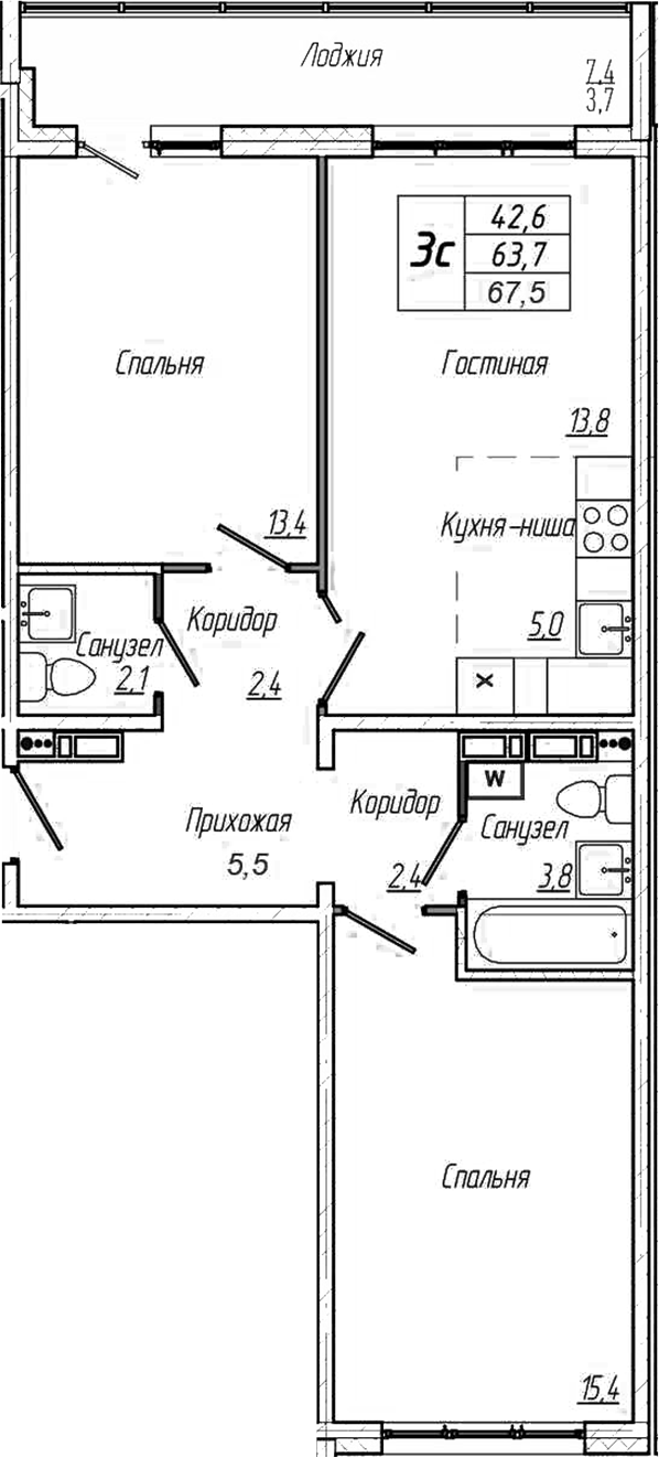 Планировка 3е-к. квартира 63.80 м² в ЖК «Кемерово-Сити»