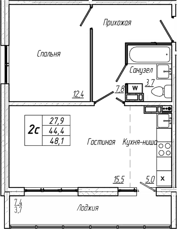Планировка 2е-к. квартира 44.40 м² в ЖК «Кемерово-Сити»