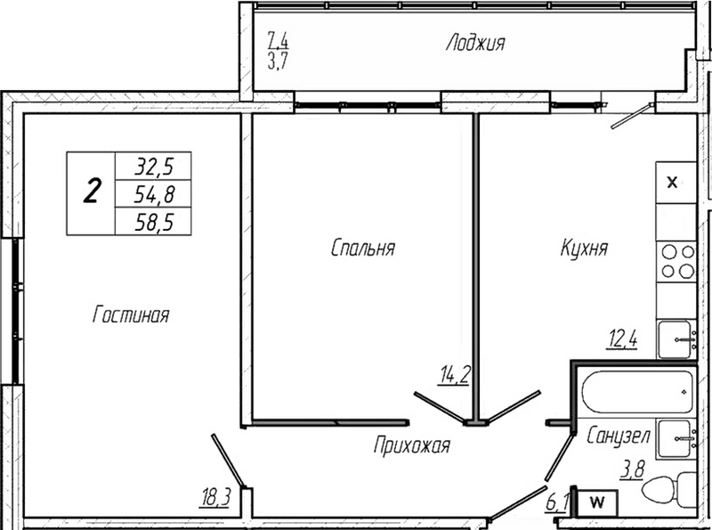 Планировка 2-к. квартира 54.80 м² в ЖК «Кемерово-Сити»