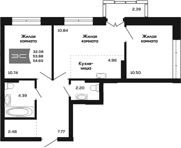 Планировка 3е-к.кв 53.88 м² в ЖК «Салют»