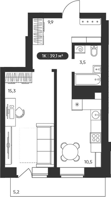 Планировка 1-к.кв 39.10 м² в ЖК «Черемушки на Приморской»