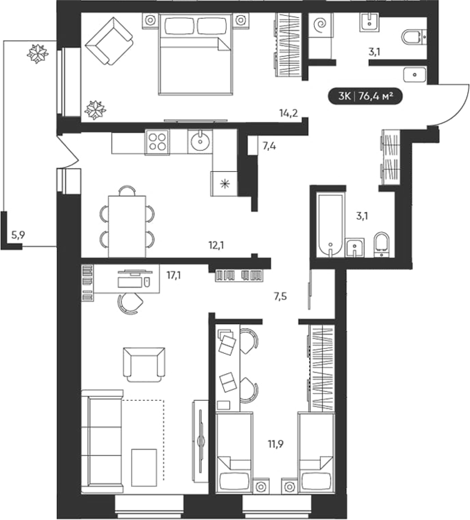 Планировка 3-к.кв 76.40 м² в ЖК «Черемушки на Приморской»