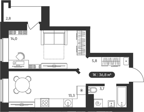 Планировка 1-к.кв 36.80 м² в ЖК «Черемушки на Приморской»