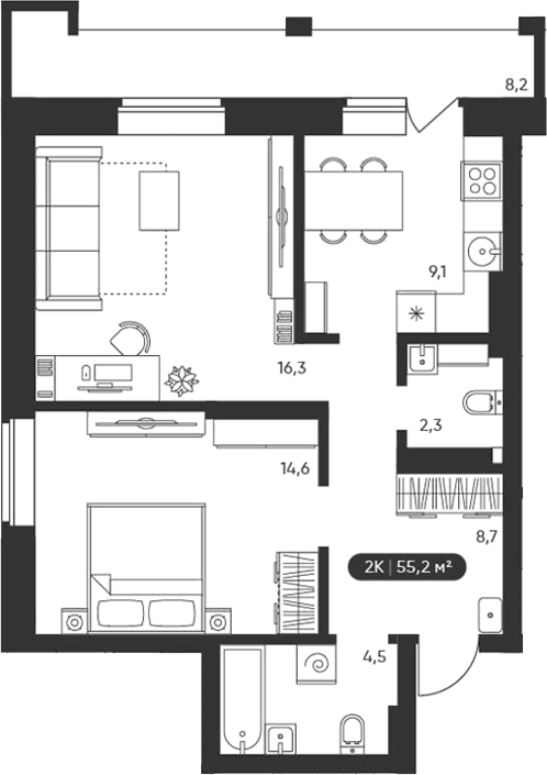Планировка 2-к.кв 55.20 м² в ЖК «Черемушки на Приморской»